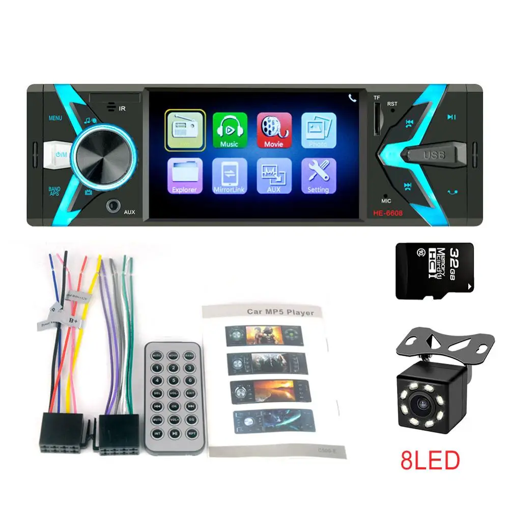 Автомагнитола 1din FM 4," автомобильный аудио стерео Bluetooth Aux Входной приемник SD USB Поддержка камеры заднего вида управление рулевым колесом - Цвет: 32G and 8 LED