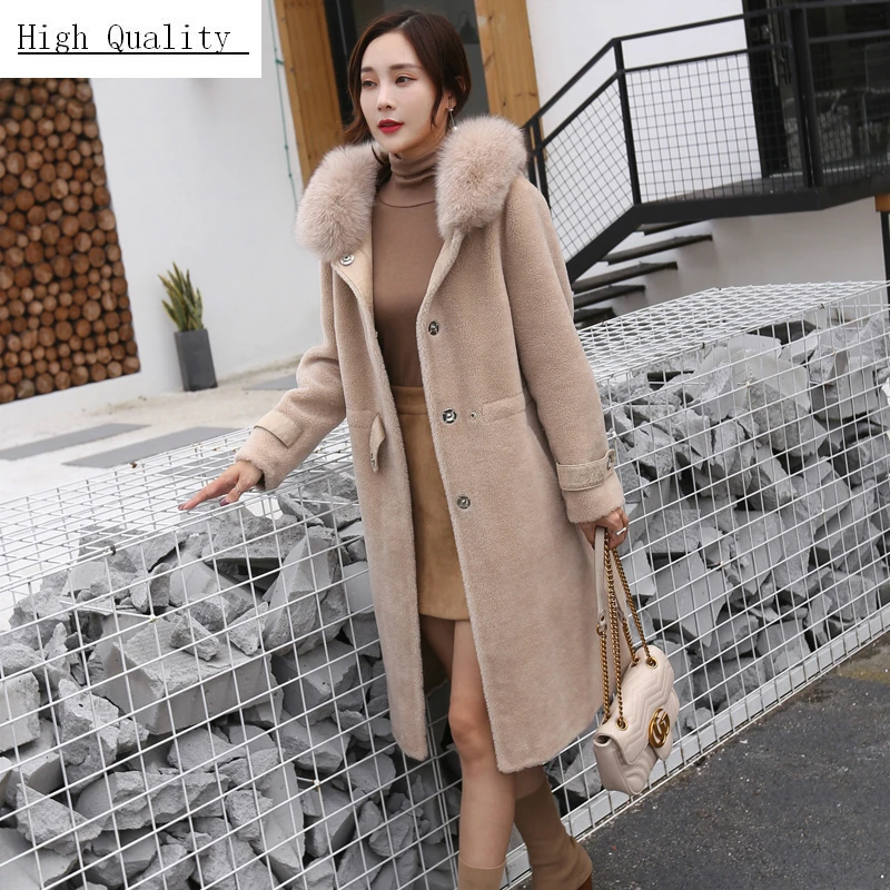 

Winter Jacket Women Natural Wool Coat Sheep Shearing Coat Female Real Fox Fur Hooded Warm Clothes Slim Long Parka LWL1363