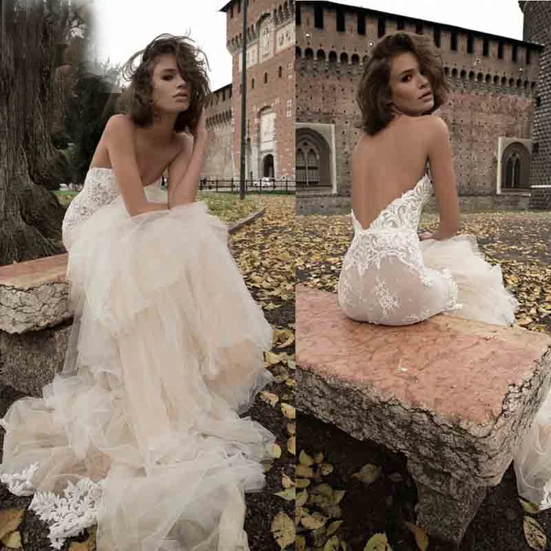 

New Arrival 2019 Strapless Lace Applique Wedding Dress Custom made Mermaid Layered Skirt Bridal Dress for Wedding