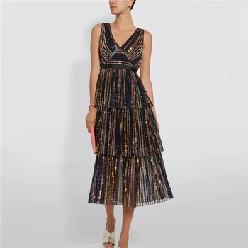

Sequined Dress Night Club Party Stripe Tiered Women Midi Dress