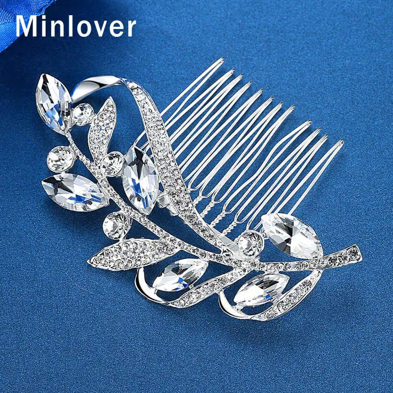 Minlover серебристый лист форма невесты волос расчески и висячие серьги для женщин Кристалл Свадебные аксессуары для волос серьги Ювелирные наборы FS104+ MEH1626