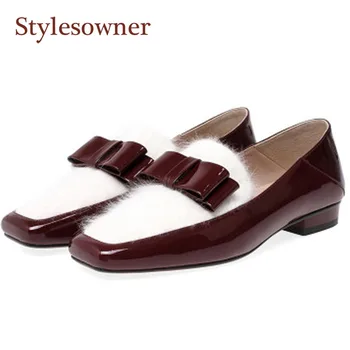 

Spring Summer Alpaca Wool Patent Leather Butterfly-knot Shoes Women Low-heel Flat Slip-on Lazy Casual Loafers Apricot Wine Red