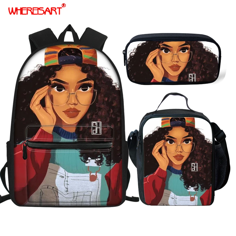 

WHEREISART Cartoon Drawing 3 Pcs School Backpacks for Teen Girls School Bags Afro Girls Kids Bags Children Canvas Backpack Bag