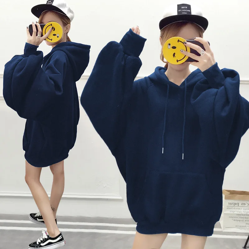 Kpop Blackpink Lisa Новые Осенние теплые толстовки женские корейские уличные бархатные толстовки с капюшоном женские однотонные Топы - Цвет: Dark Blue