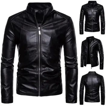 

Men Jacket Coat Outwear Coat Jacket Windbreaker Men Faux Leather Solid Color Stand Collar Long Sleeve Zip Motorcycle Jacket Coat