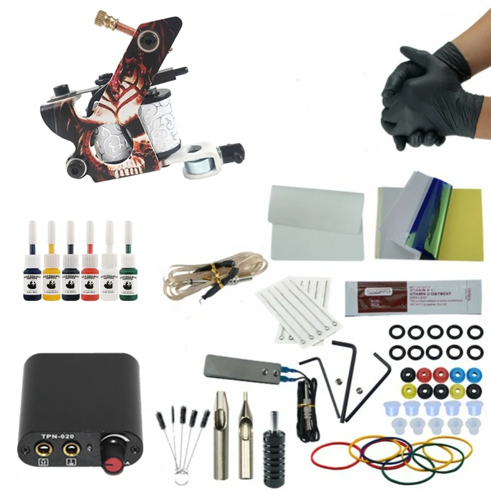 

Professional Tattoo Kit Body Art Tattoo 1 Tattoo Gun Machine with Grips Needles 6 Color Ink LCD Black Power Permanent Makeup