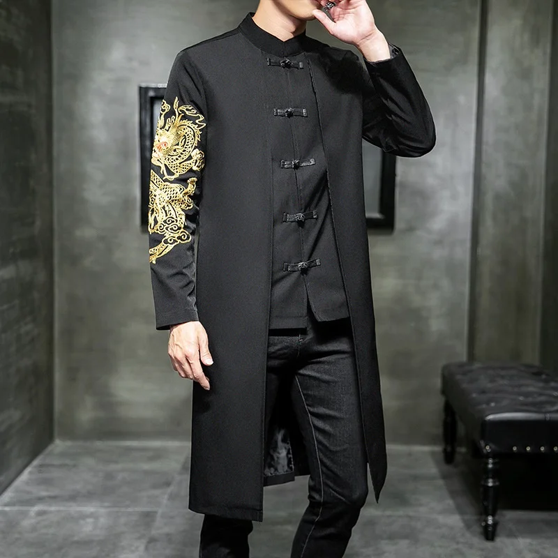 Китайский дракон, вышивка, длинное пальто для мужчин, уличная одежда, длинная куртка для мужчин, длинный Тренч, пальто для мужчин, весна, новинка, KK3030