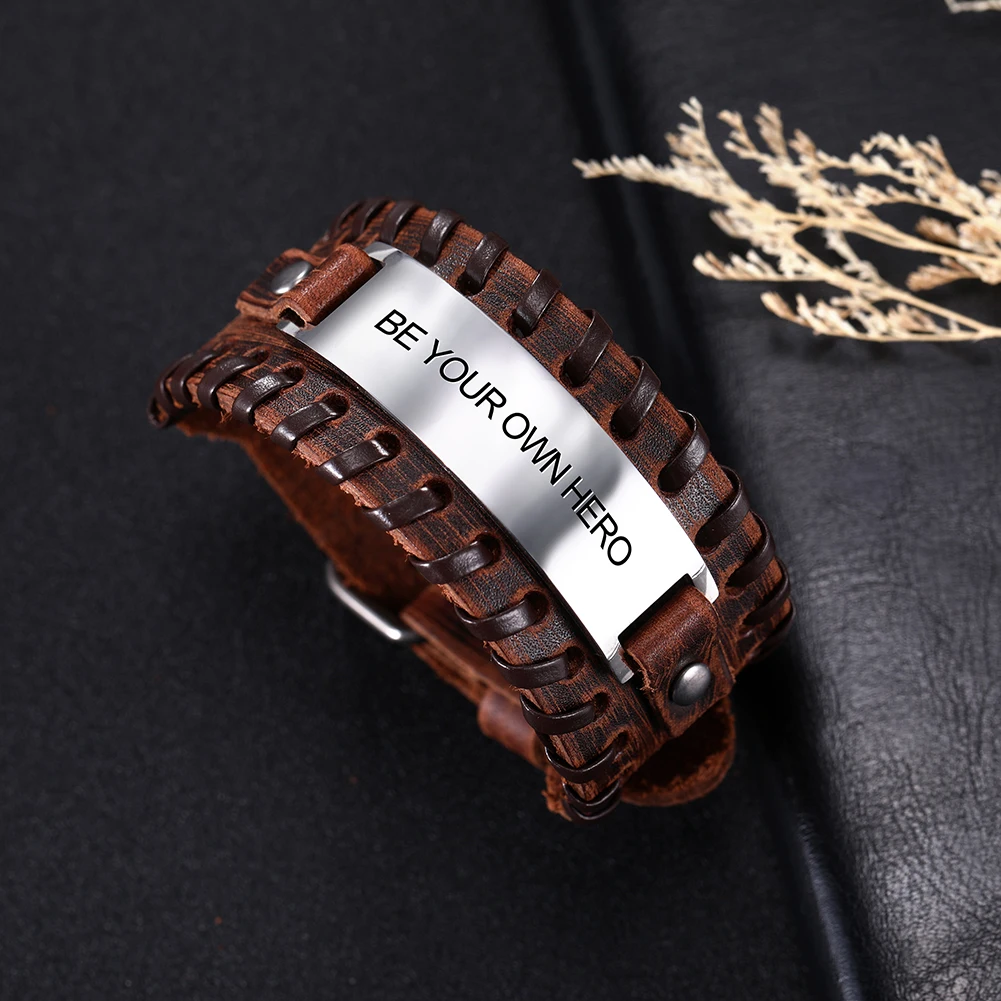 EUEAVAN 5pcs Proverb Positive Black/Brown Leather Bracelet Saying Charm Stainless Steel Jewelry For Men Gift Wholesale