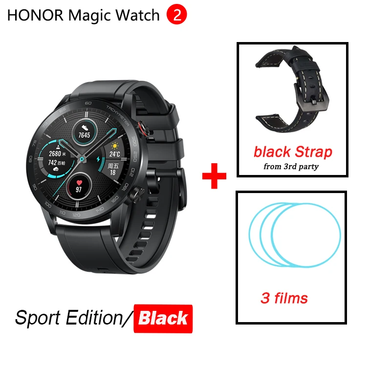 black n black strap Honor Watch magic 2 magic watch 2 Смарт-часы датчик кислорода в крови spo2 телефонный Звонок трекер сердечного ритма для Android iOS - Цвет: black n black strap