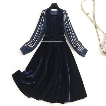 

Runway Designers Long Sleeve Vintage Aline Velour Dress Autumn Winter Fashion Woman Clothes 2020 New Lady Vestidos