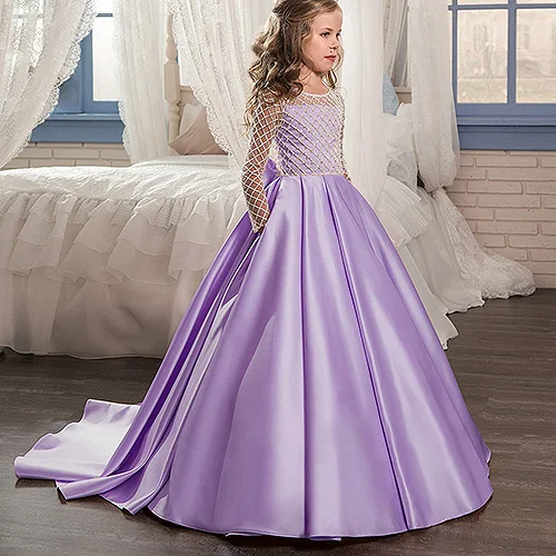 Aibaowedding/Нарядные Платья с цветочным узором для девочек драпированное платье с длинными рукавами для первого причастия розовые фатиновые Бальные платья для детей, блестящие, от 0 до 12 лет - Цвет: color25