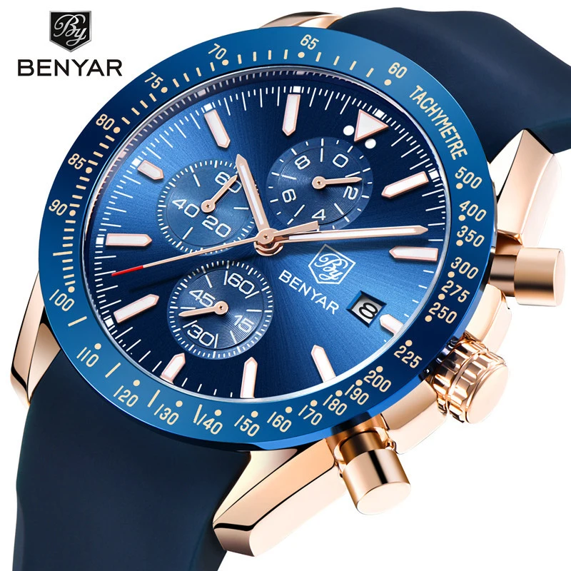 2023 Watch Men Luxury Brand BENYAR Mens Blue Watches Silicone Band Wrist Watches Men's Chronograph Watch Male Relogio Masculino