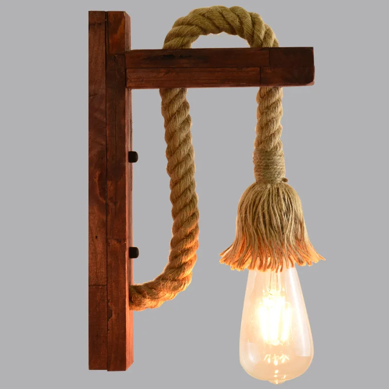 Американский деревянный настенный светильник прикроватный светильник Настенный светильник для спальни Ретро креативная лестница коридор сад пеньковая веревка лампа - Цвет абажура: B