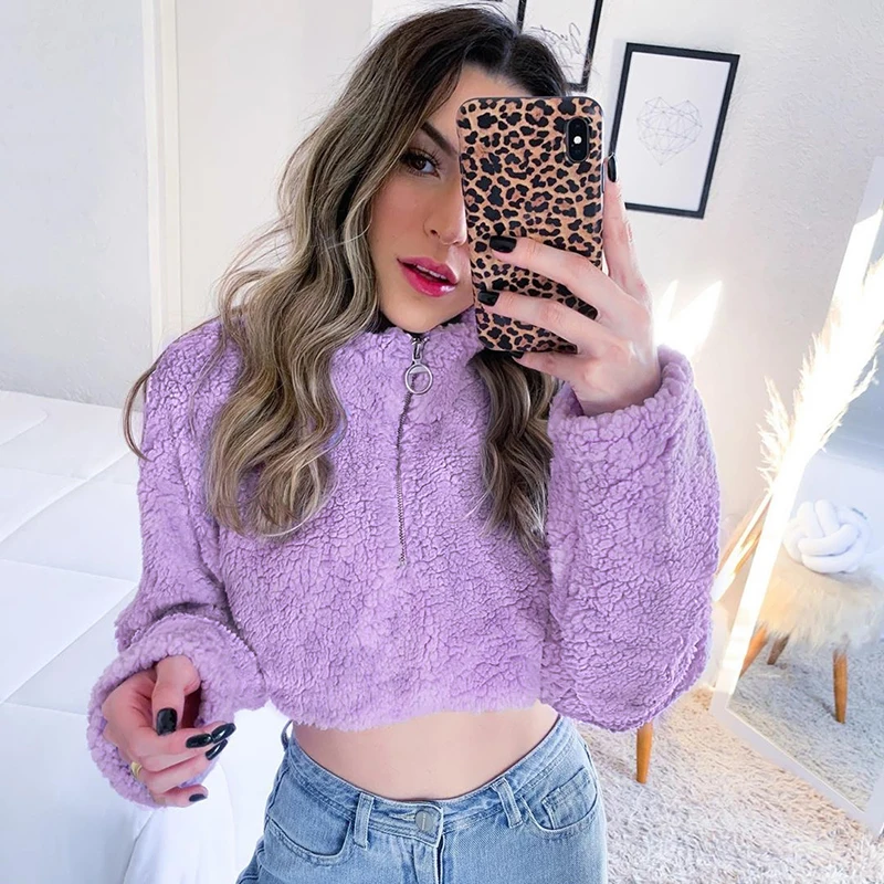 IAMSURE 2020 Autumn Korean Fashion Long Sleeve Casual Fluzzy Sweatshirts For Women Turtleneck Zipper Female Cropped Pullovers