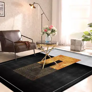 

Modern Minimalist Style Non-Slip Floor Mat Geometric Black Gold Patchwork Pattern Area Rugs Living Room Bedroom Bedside Carpet