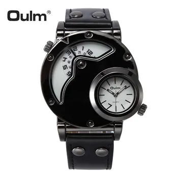 

OULM Vintage Unique Watches Luxury Quartz Clock Leather Strap 2 Time Zone Display Military Sports Wrist Watch Relogio Masculino