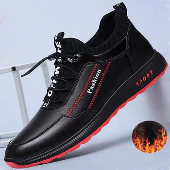

2020 Fashion leather Shoes Men Casual Shoes winter Plus velvet to keep warm black Comfortbale Sneakers Men Flats Shoes Big Size