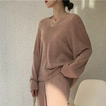 

LANMREM 2020 Spring And Winter V-neck Batwing Sleeves Loose Knits Top + Elastic Wide Leg Full Length Cross Pant Mohair PB361