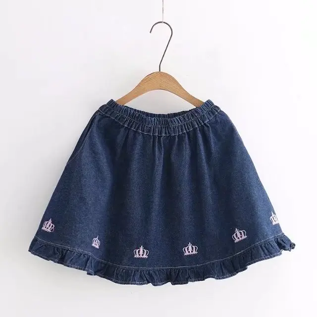 

10433 Spring And Summer New Style Japanese-style Soft Girl Elastic Waist Frilled Crown Embroidered Two-color Cowboy Half-length