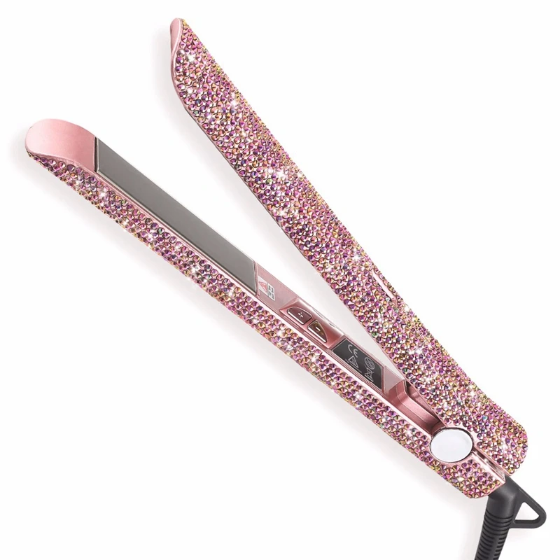 

Rose Gold Hand Made Sparkling Crystal Diamond Rhinestone Lcd Digital Display Flat Iron Crystal Gems Titanium Hair Straightener