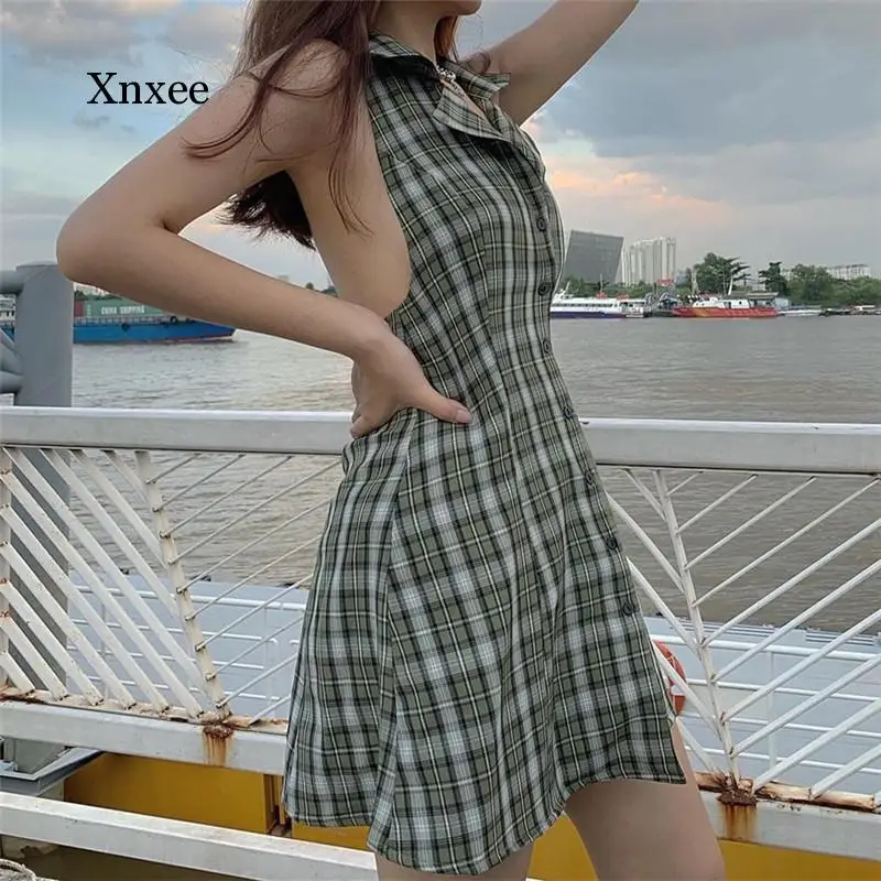 

Женское платье в клетку, ТРАПЕЦИЕВИДНОЕ, винтажное, с открытой спиной, без рукавов, с высокой талией, в стиле 90-х, 2021