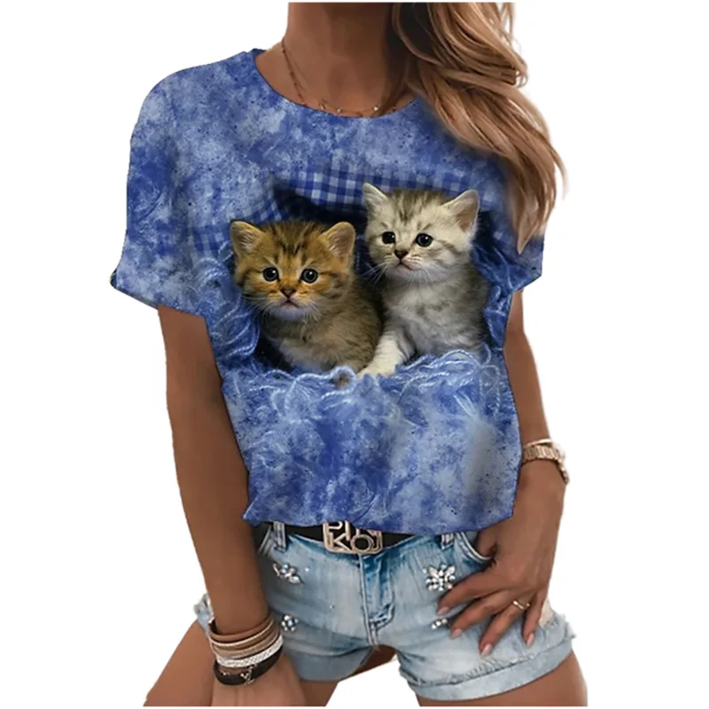 Summer Fashion Women's T-shirt Digital 3D Printing Short Sleeve T-shirt Cute Cat Round Neck Top Loose and Comfortable cute summer crop tops