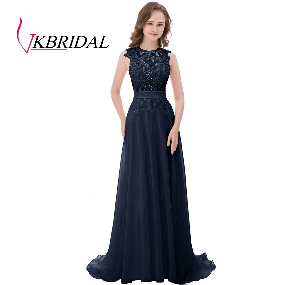 navy blue VKBRIDAL длинные платья подружки невесты розовые шифоновые аппликационные кружева бисером возлюбленной отвесный лиф Формальные платья свадебное платье для гостей - Цвет: navy blue