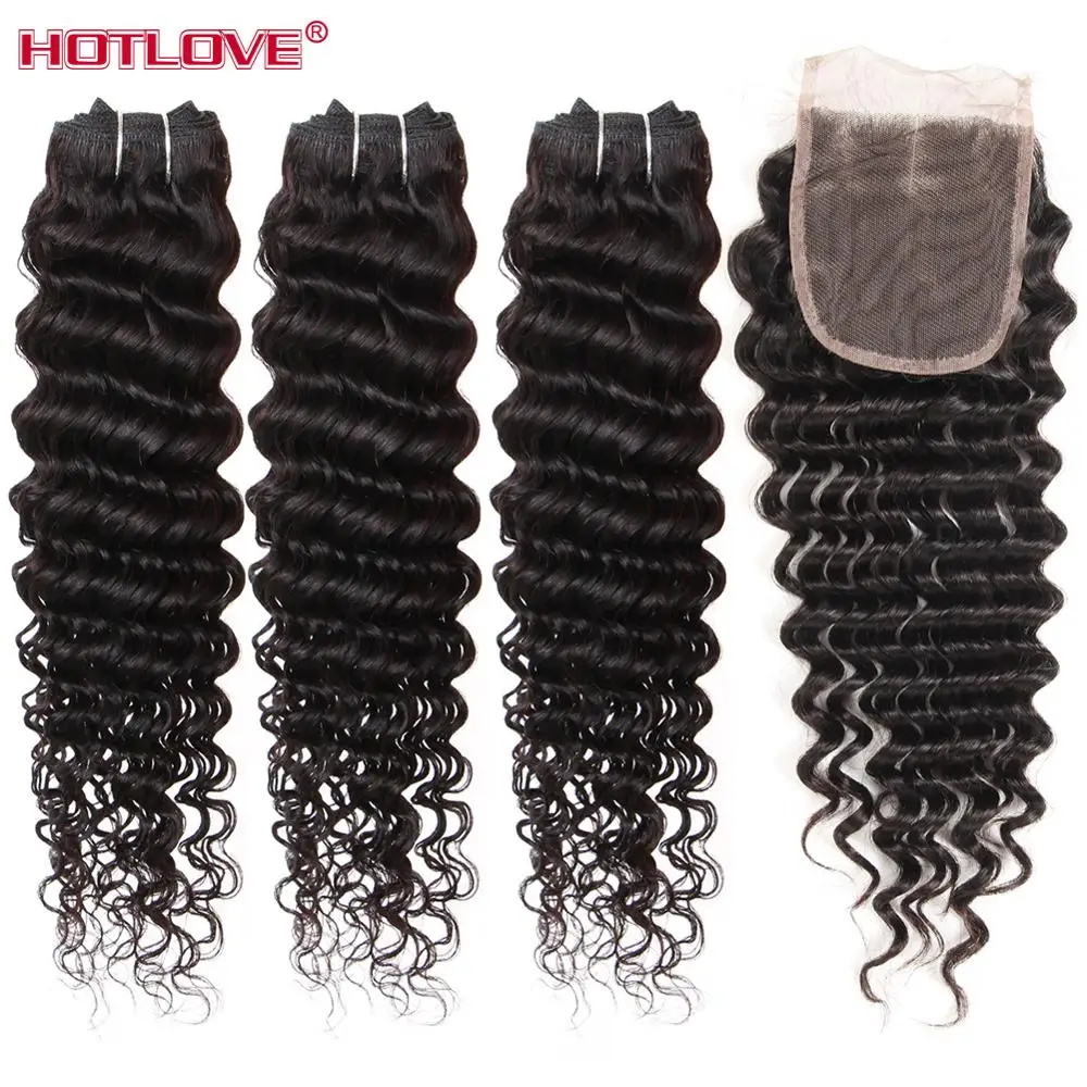 

Hotlove Hair Deep Wave Bundles with Closure Free Middle 3 Part 4*4 Peruvian Hair Bundle with Closure Natural Black Non Remy