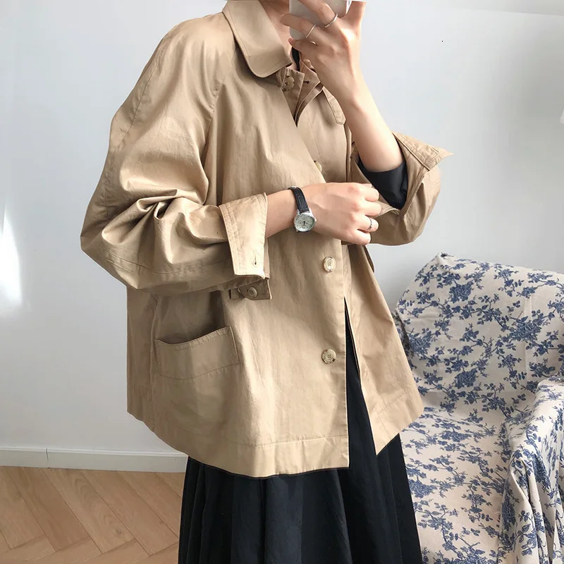 Korean Khaki Women's Windbreaker Lapel Collar Long Sleeve High Waist Sashes Loose Casual Jackets Female Fashion L716
