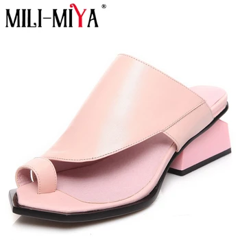 

MILI-MIYA Classic Women Sandals Cow Leather Strange Toe Square Heels 3 Colors Slip-On High Quality Summer Shoes For Ladies