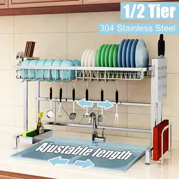 

1/2Tier Stainless Steel Kitchen Rack 59-97cm Adjustable Dual Sink Drain Rack Multi-use Organizer Dishes Shelf Sink Drying Rack
