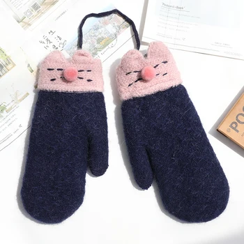 

Women's winter outdoor touch screen riding students knitting plush thick warm wool gloves with lanyard in winter