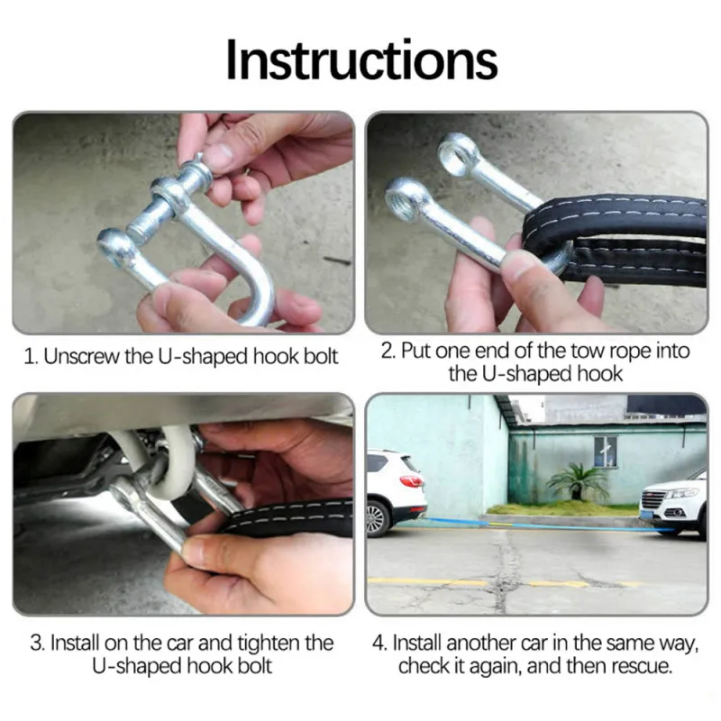 5M 8Tons Vehicle Emergency Tow Rope with U Hooks Shackle High Strength Nylon with Reflective Light for Car Truck Trailer SUV