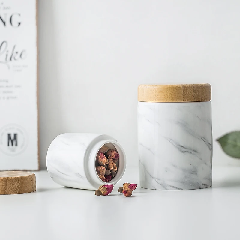 Ceramic Sealed Jars and Wooden Lid Home Kitchen Storage Can Bulk Container for Seasoning Food Spice Tea Coffee Sugar