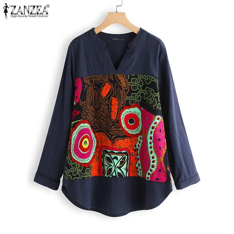 Kaftan, хлопковые топы, женская блузка с принтом,, ZANZEA, повседневные рубашки с длинным рукавом, женские блузы с круглым вырезом, Лоскутная сорочка размера плюс