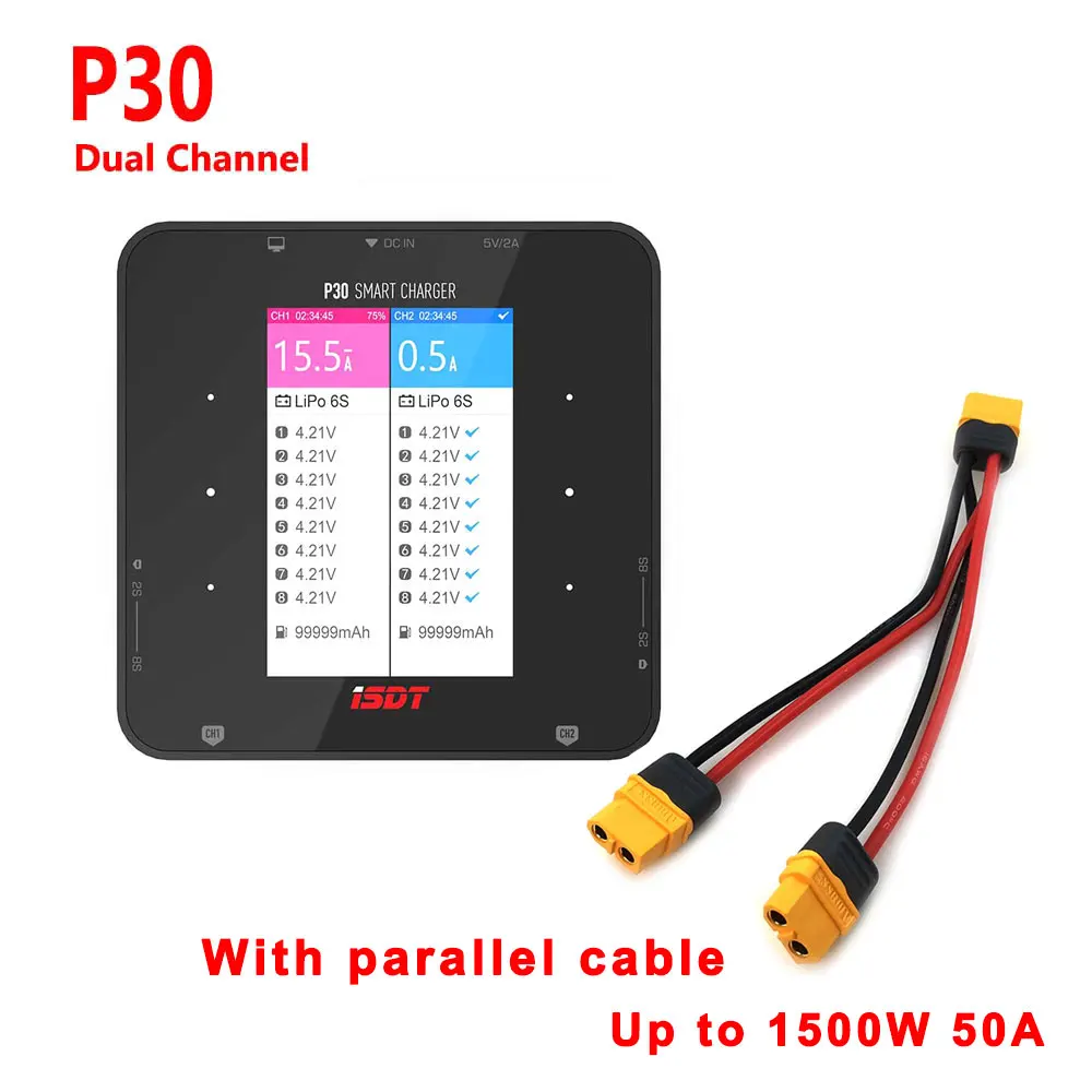 

ISDT P30 1000Wx2 30Ax2 Dual Channel Battery Balance Charger For Lilon LiPo LiHV NiMH Pb RC Models With Parallel Charing Cable