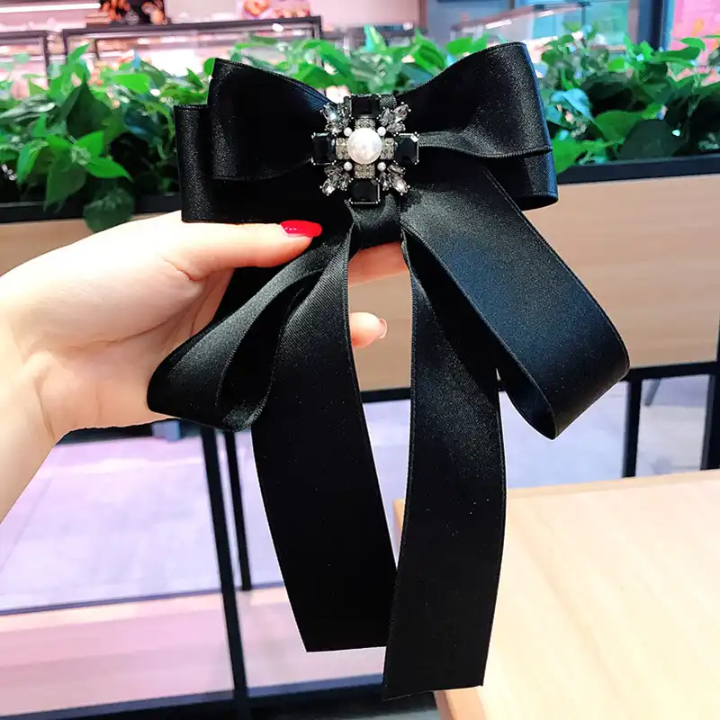 韓国ブラックスクエアラインストーン真珠broches女性のリボン弓大襟針ブローチ花蝶ネクタイ服アクセサリー Brooches Aliexpress