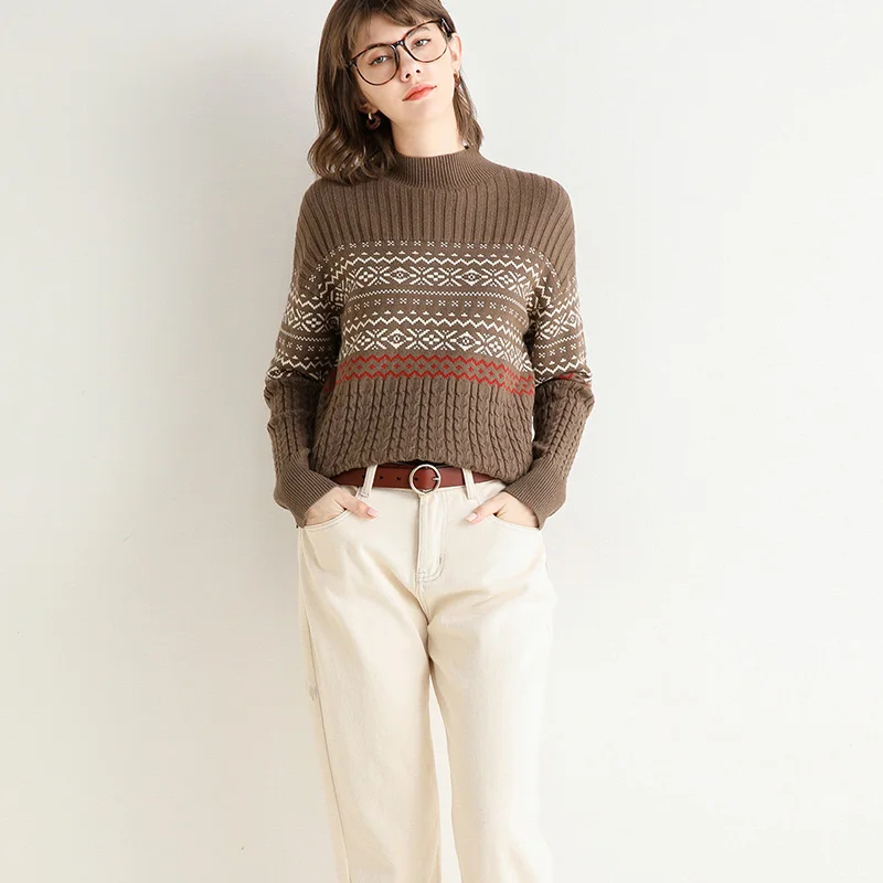 

High Quality Spring Autumn Winter National style Women Fashion Half Turtleneck Pullovers Knitted Cashmere Wool Sweater