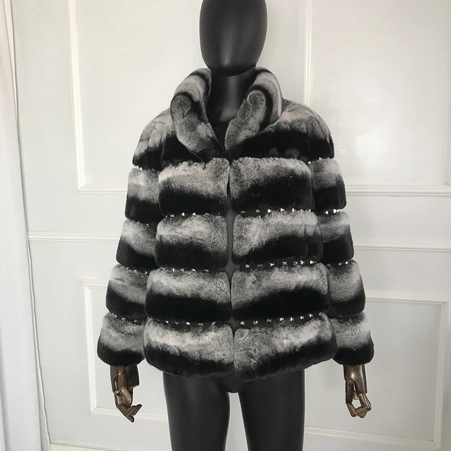 Women Real Rex Rabbit Fur Jacket With Fashion Rivet Element Winter Fur ...