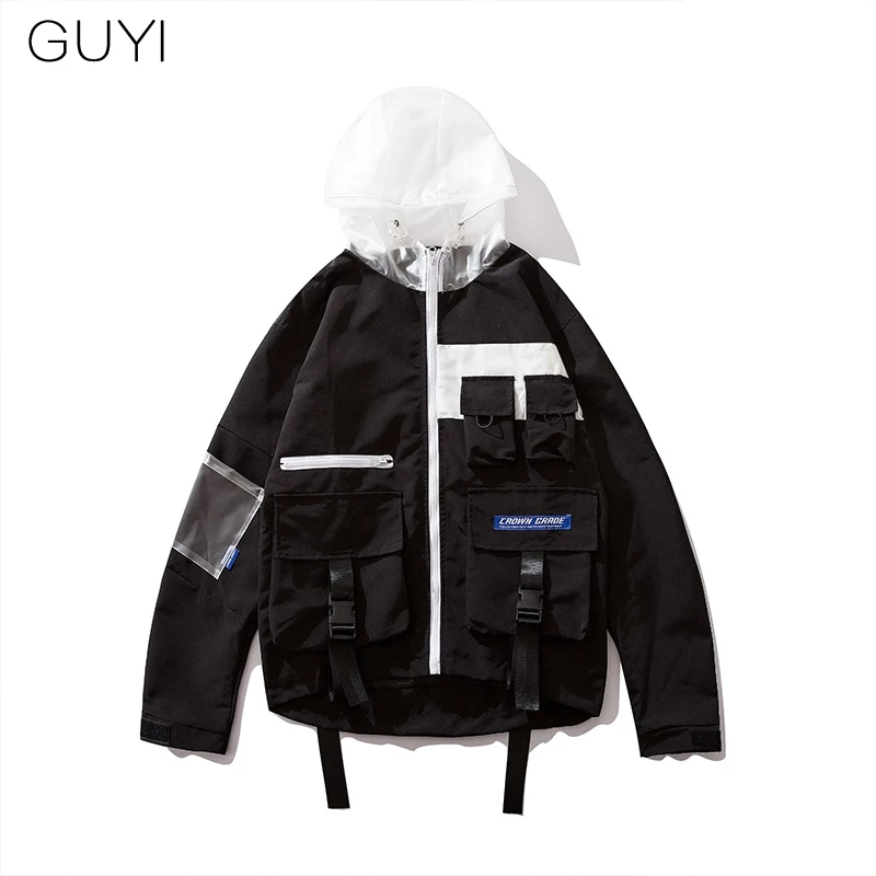 Black Jacket Мужская куртка в стиле хип-хоп, с карманами, с капюшоном, в стиле пэчворк, в стиле Харадзюку, модная, повседневная, с лентами, ветровка, пальто, уличная верхняя одежда - Цвет: Black Jacket