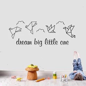 

Cartoon Dream Big Little One Origami Bird Wall Sticker Kids Room Playroom Paper Bird Cloud Sky Dream Quote Wall Decal Bedroom Vi