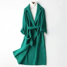 Модное осенне-зимнее длинное красное двойное шерстяное пальто с отложным воротником женское зеленое шерстяное тонкое черное пальто пояса для пальто с карманами