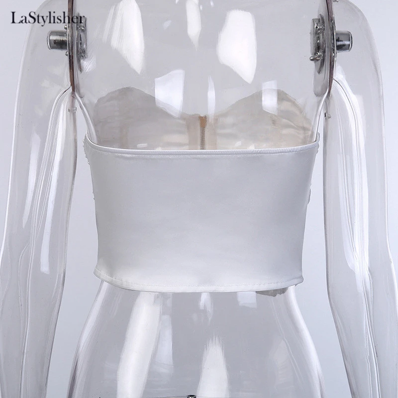 LaStylisher, модные женские белые укороченные топы, Повседневная Уличная одежда, сексуальный топ-труба, Топики, новинка, бюстгальтер, для ночного клуба, вечерние, без бретелек, топ на бретелях