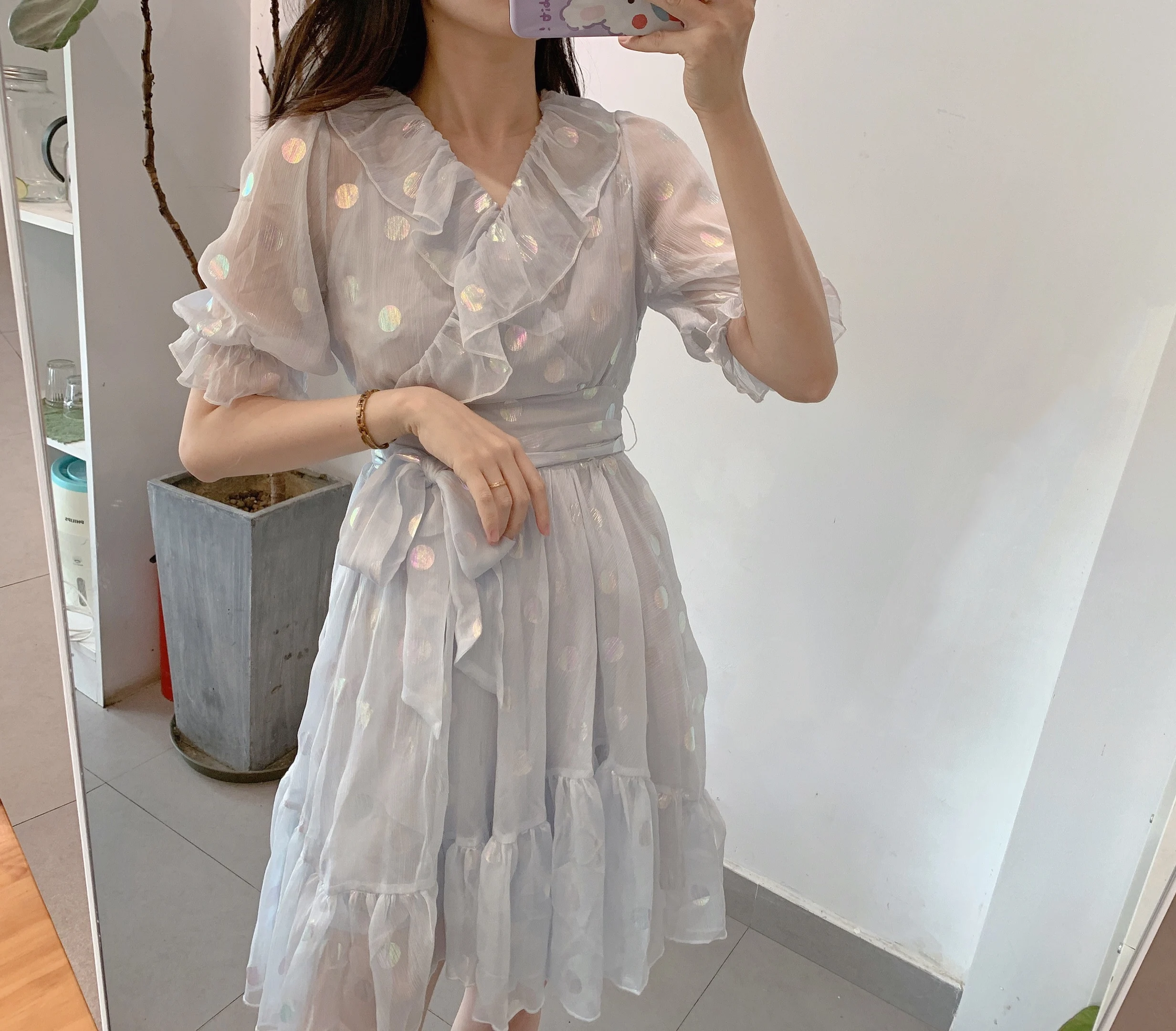 

2022 Summer Woman Japanese Style Chiffon Dress with Super Fairy Dot Temperament New V-neck Flared Sleeve Waisted Slim Women