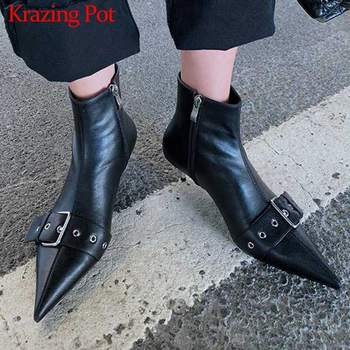 

Krazing Pot high fashion sexy pointed toe stiletto genuine leather rock belt buckle winter women solid Zipper ankle boots L26