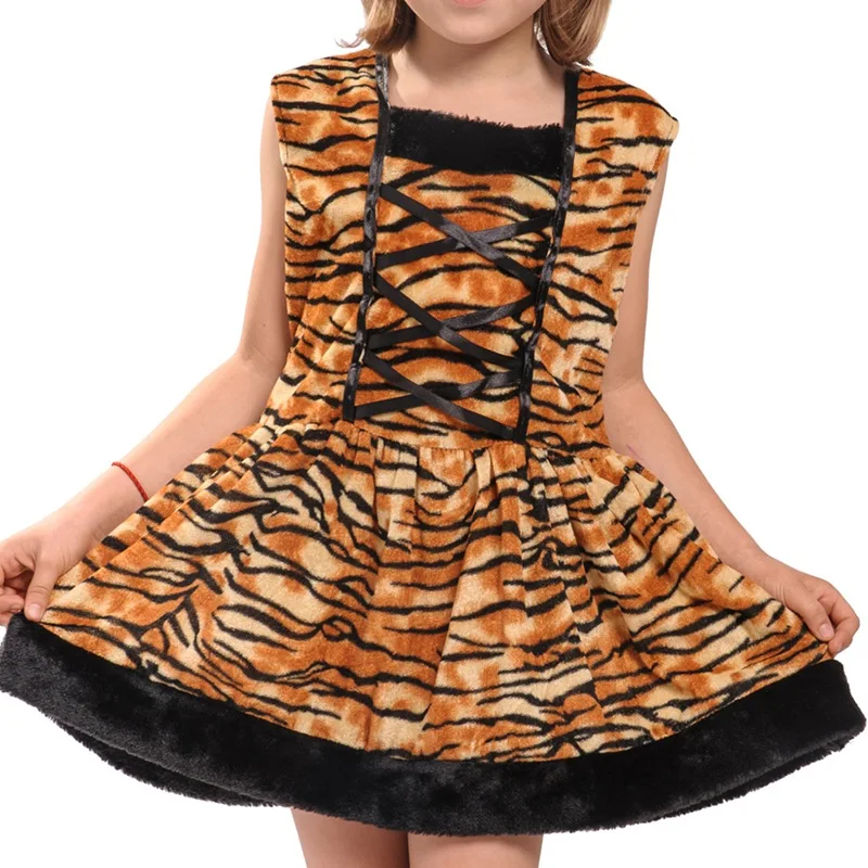 Детский маскарадный костюм на Хэллоуин, платье для маленьких девочек, милое платье с тигром, рукавами и повязкой на голову