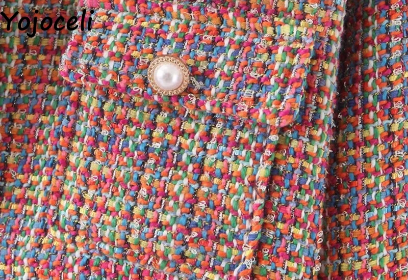 Yojoceli Pearl button autumn tweed skirt suit Winter casual cool elegant suit skirt women Cool fashion pockets skirt jacket