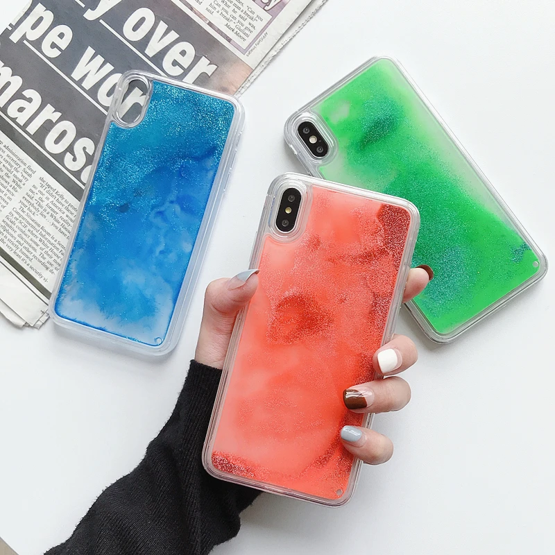 Жидкий зыбучий песок светящийся неоновый чехол для iphone 6 6S 7 8 Plus X XS 11 Pro MAX XR