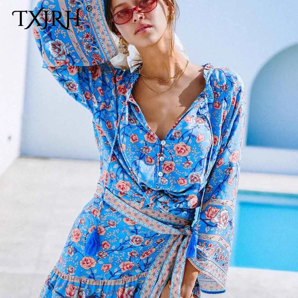 

TXJRH Bohemia Blue Floral Blouse Lacing up Tassel Collar Flare Sleeve Shirt Top Elastic Waist Tied Bow A-Line Skirt 2 Pieces Set