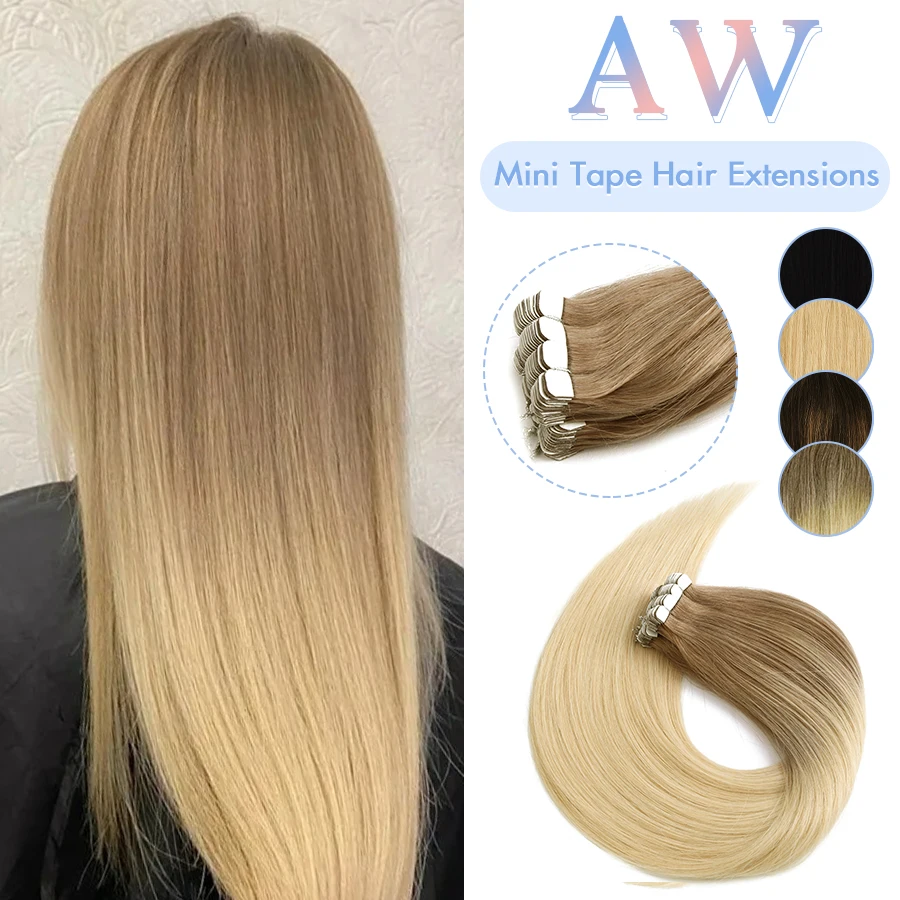 AW Mini Tape In Human Hair Extensions Invisible Seamless Skin Weft Balayage Ombre Natural Machine Remy Hair Adhesive For Salon